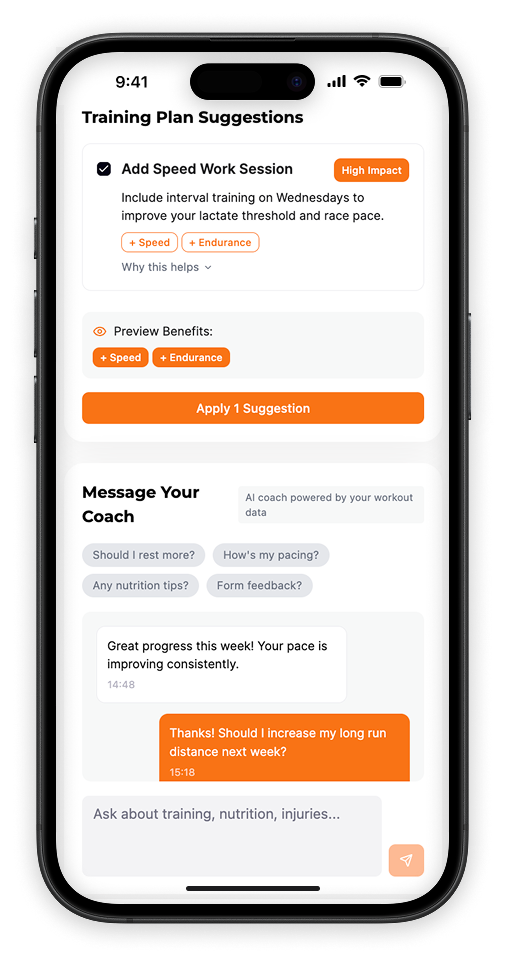 Evolv adaptive training plan interface showing dynamic workout adjustments and marathon training progression