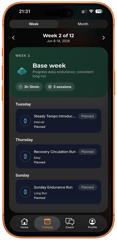 Evolv showing today's workout, weekly stats, and session completion